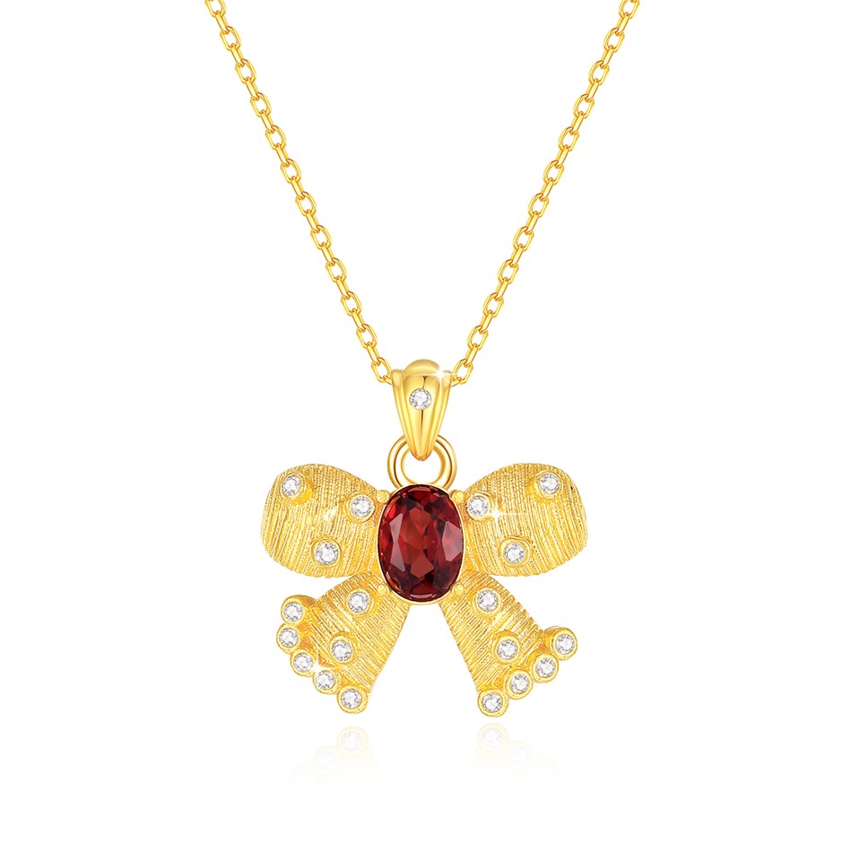 Solid 18K Yellow Gold ,Natural  Garnet pendant  & Free Necklace