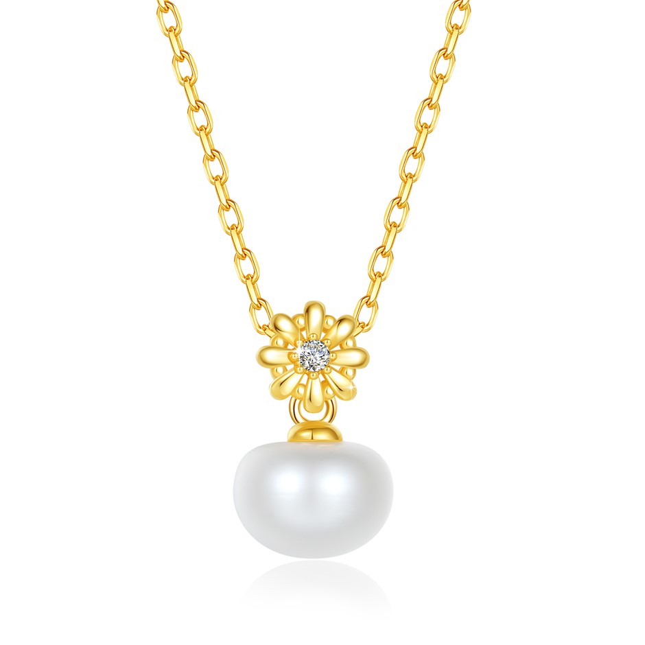 Solid 18K Yellow Gold Moissanite natural freshwater pearl pendant  & Free