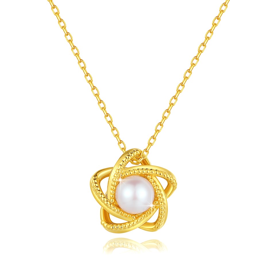 Solid 18K Yellow Gold Star Natural Pearls pendant & Free Necklace
