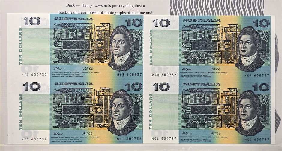 No Reserve Uncut Block Of Four 1991 Australian $10 Banknotes
