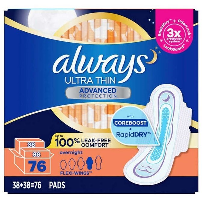 2 x ALWAYS 76pk Ultra Thin Overnight Pads w/ Wings. N.B: Not in original bo