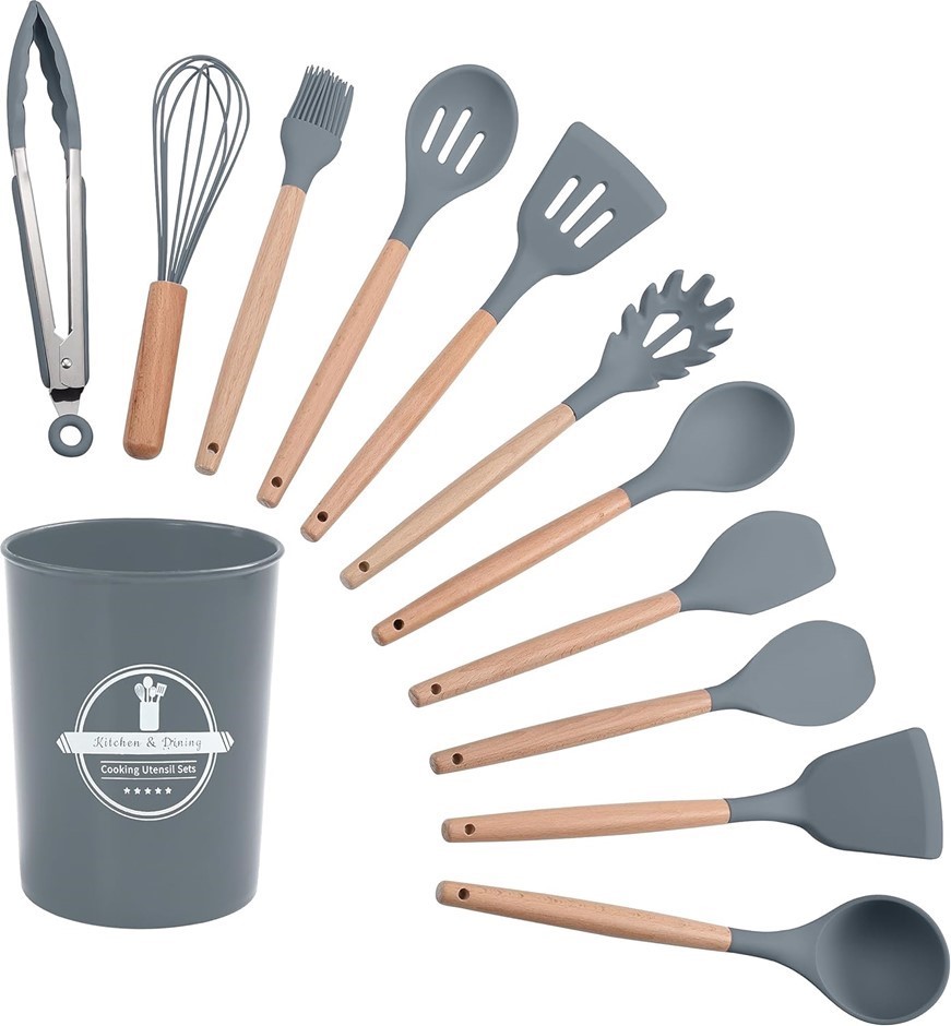HOMESOFT 12-Piece Kitchen Cookware Utensil Set, Silicone and Wood.