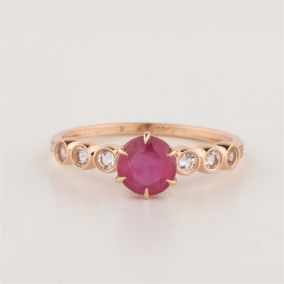 Certified Pink Gold Natural Ruby / Natural White Topaz & Diamond Ring