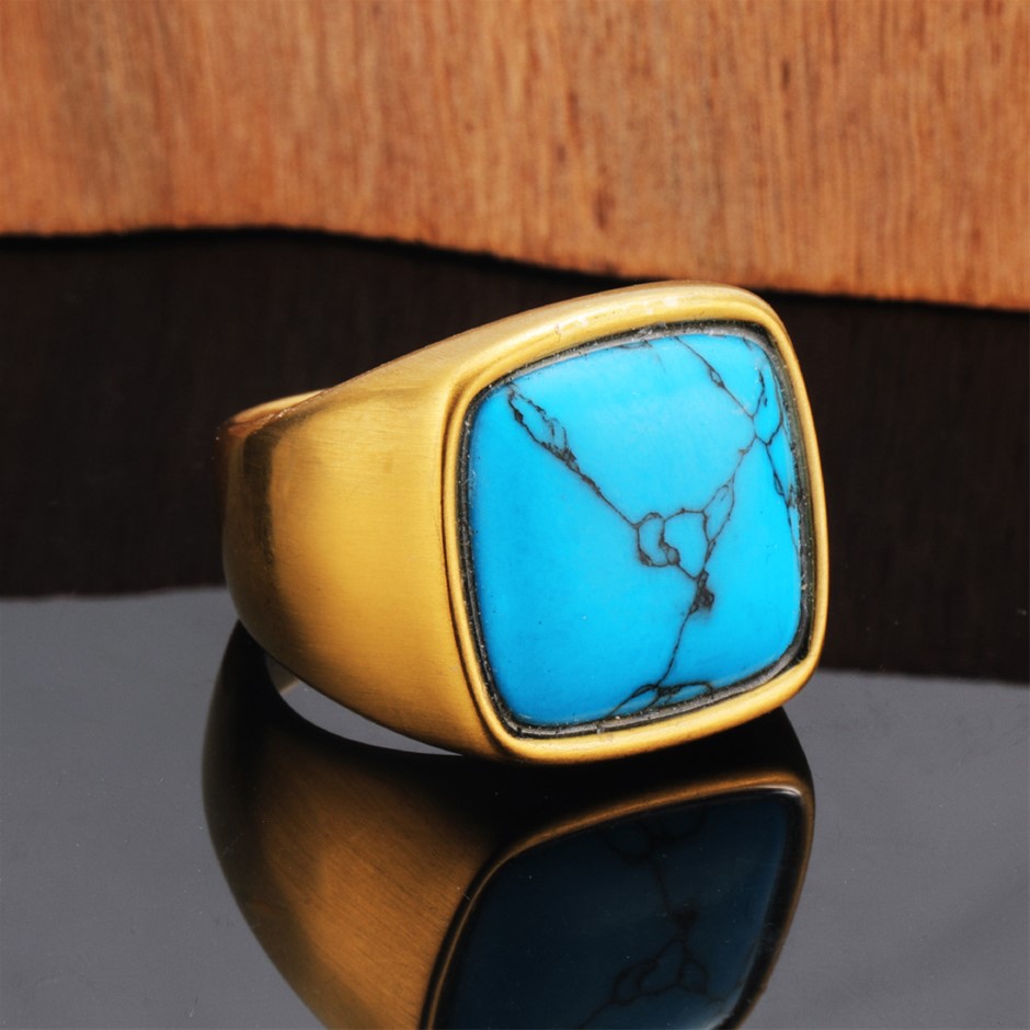 18k Yellow Triple Gold Plated Simulated Blue Turquoise Ring Size 9