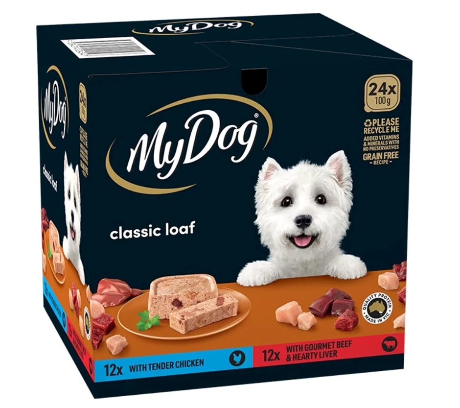 Box of 24pk MY DOG Classic Loaf Dog Food, Tender Chicken & Gourmet Beef and