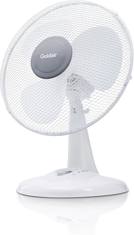 GOLDAIR Desk Fan, 30 cm, Color White. Model GCDF131. NB: Slightly Damaged B