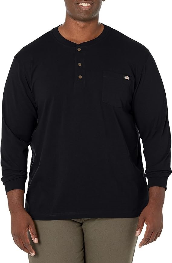DICKIES Men's Long Sleeve Heavyweight Henley, Size L, Cotton, Black, (WL451