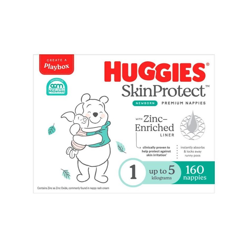 HUGGIES Box of 160pc Skin Protect Zinc-Enriched Newborn Nappies Size 1, Up