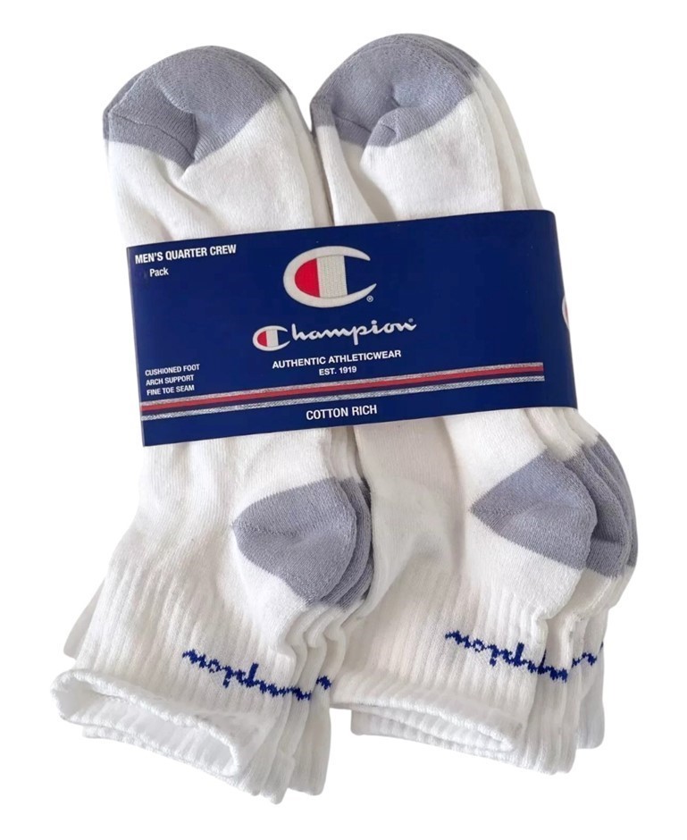 8 Pairs x CHAMPION Men's Quarter Crew Socks, Size 6-10, Cotton, White (WIT)