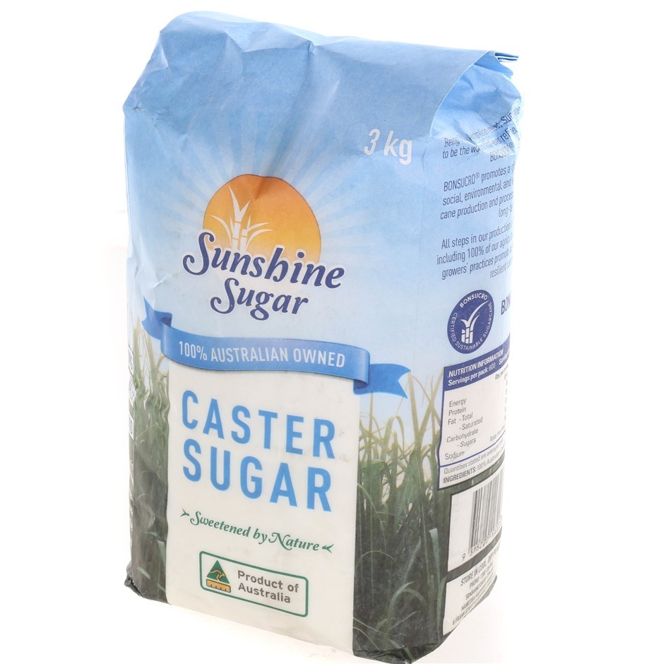 6 x SUNSHINE SUGAR Caster Sugar, 3kg. N.B: Damaged packaging.