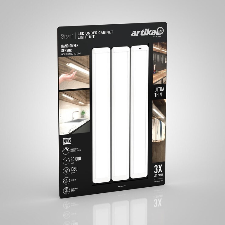 ARTIKA 3pk LED Under Cabinet Light Kit, 45.72cm x 6.4cm x 0.85 cm. N.B. Dam