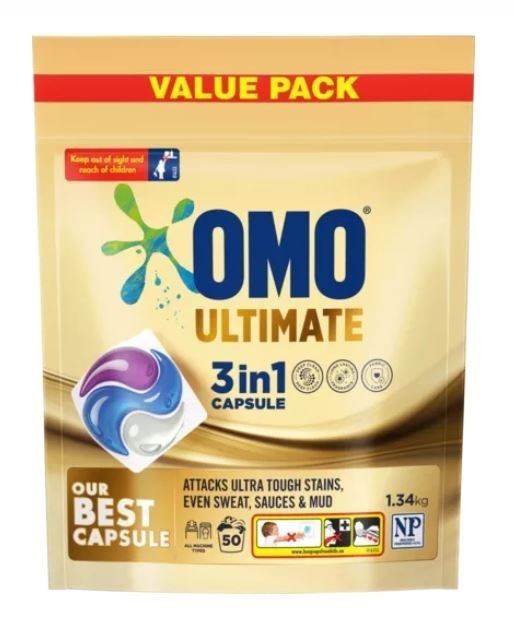 2 x Pack of 50pc OMO ULTIMATE Laundry Capsules, 3-in-1 Capsule, 1.34kg. NB: