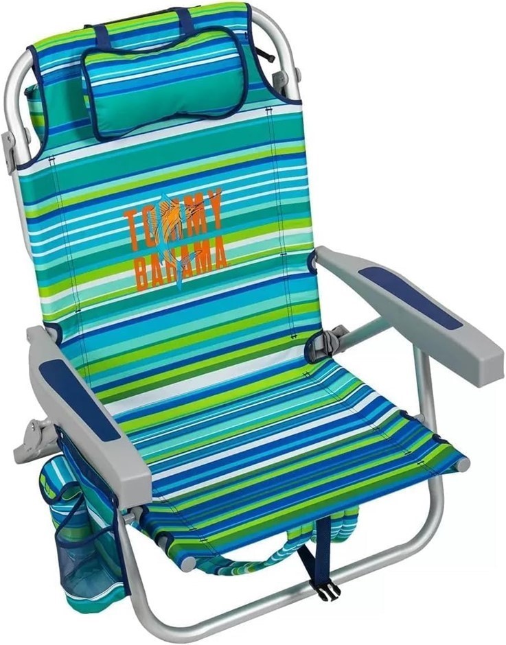 TOMMY BAHAMA Backpack Foldable Beach Chair, Aluminum Green.