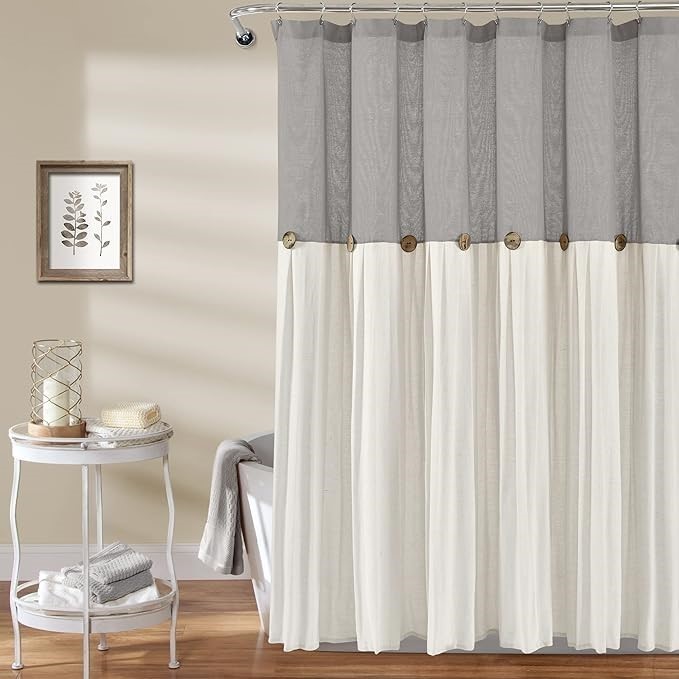 2 x LUSH DECOR Linen Button Shower Curtain, 72" x 72", Gray & White.