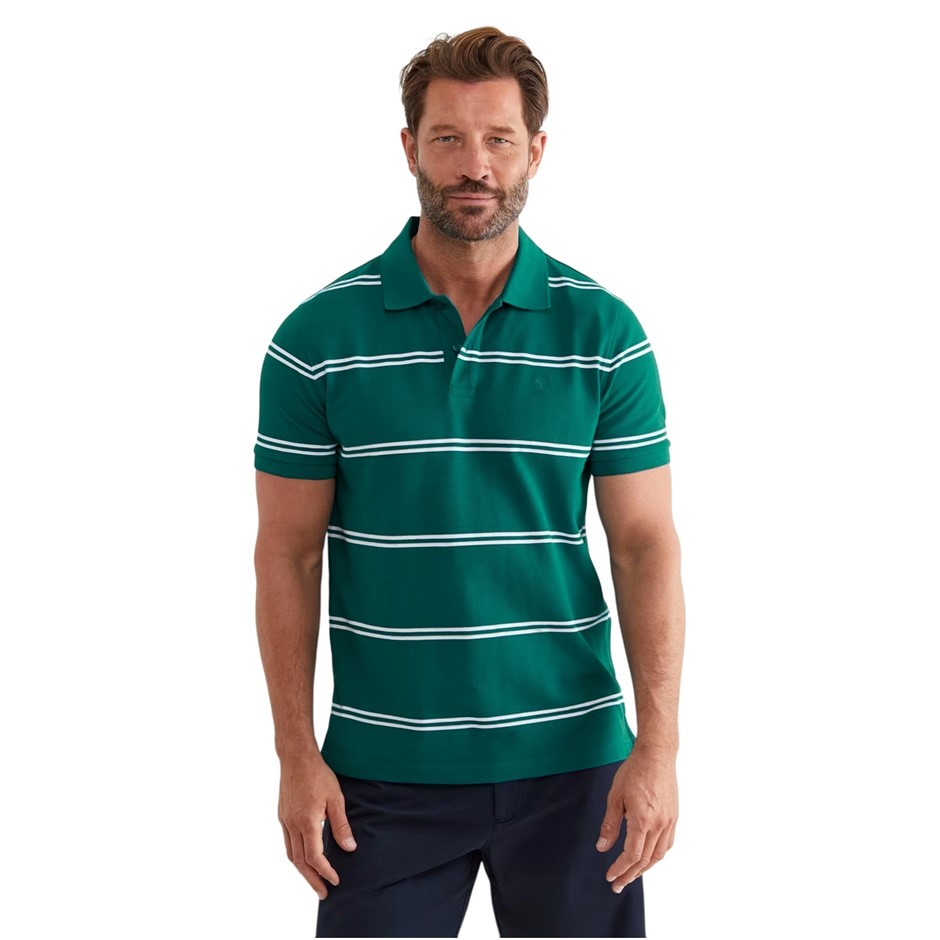 SPORTSCRAFT Men's Hall Polo, Size S, Teal/White Stripe, 100% Cotton, AG2077