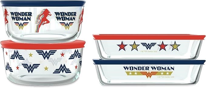 PYREX EDS 8pc Brown Box Set Wonder Woman, 8 Piece, Multi Color.