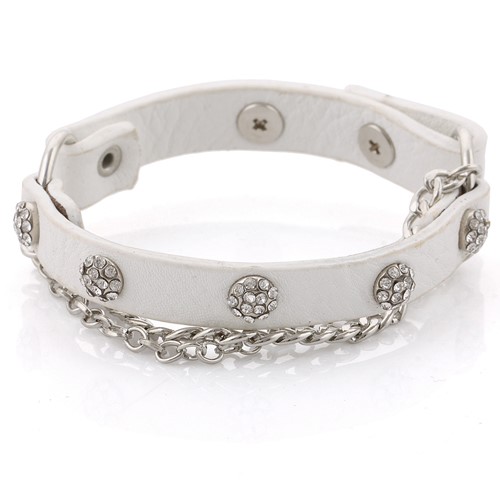 White Studded Leather Bracelet with Chain