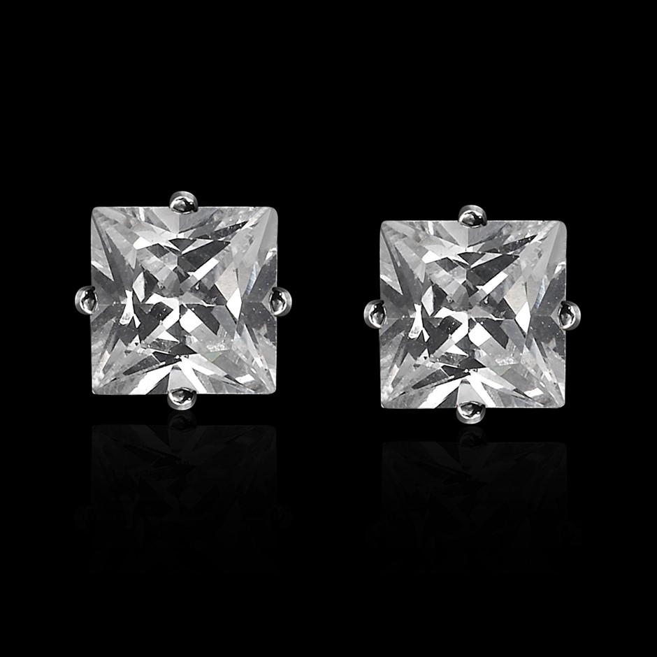 925 Sterling Silver 6mm Square Stud Earrings Feat 2 Crystals by Swarovski®