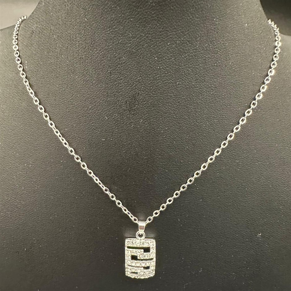 Designer Simulated Diamond Geometric Rectangular Pendant Necklace in Silver