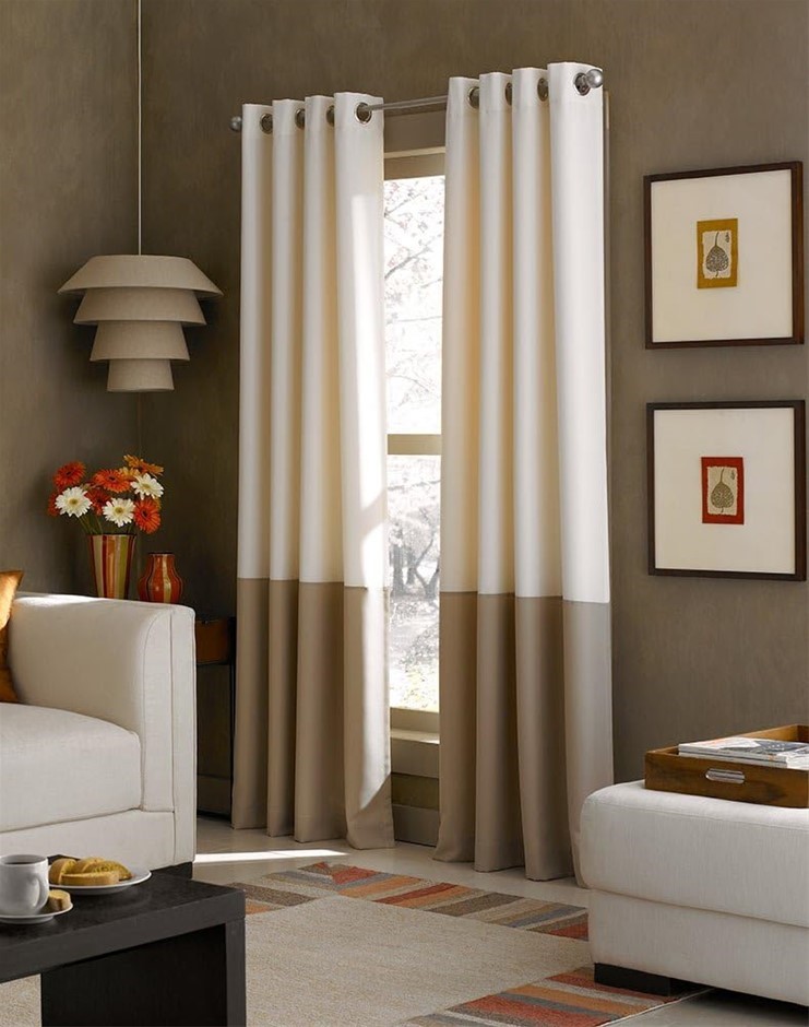 CURTAINWORKS Kendall Color Block Grommet Curtain Panel, Brown/Tan, 63 inch.