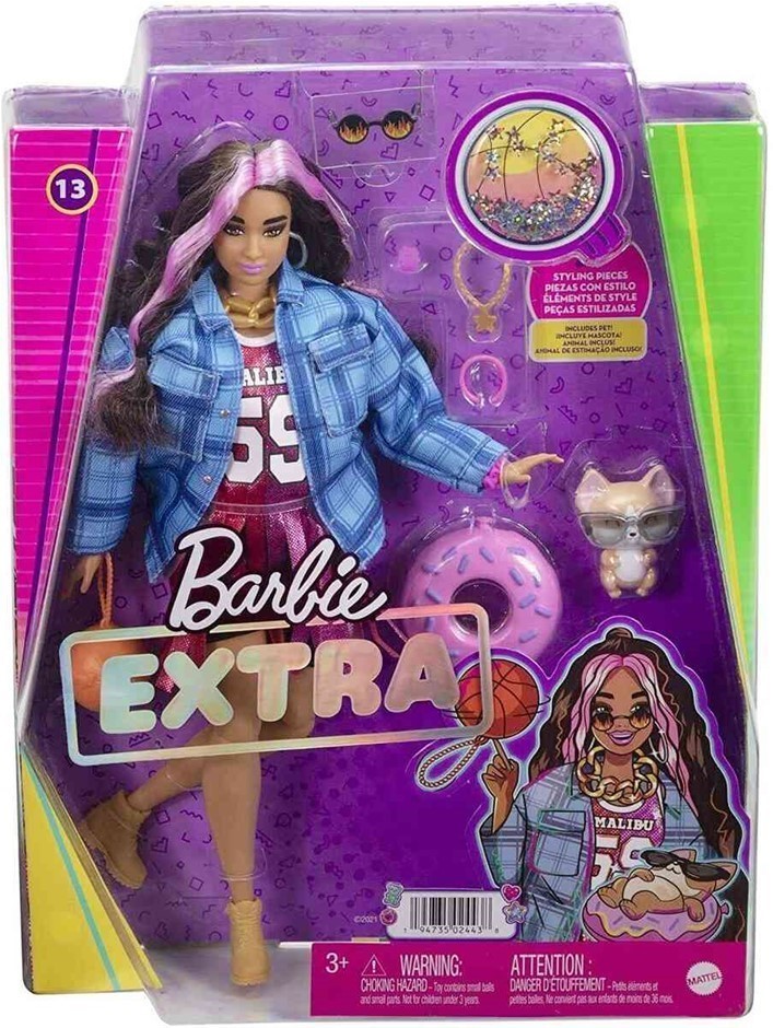 BARBIE Extra Fashion Doll, Pink-Streaked Crimped Hair, Pet Corgi, Jersey Dr