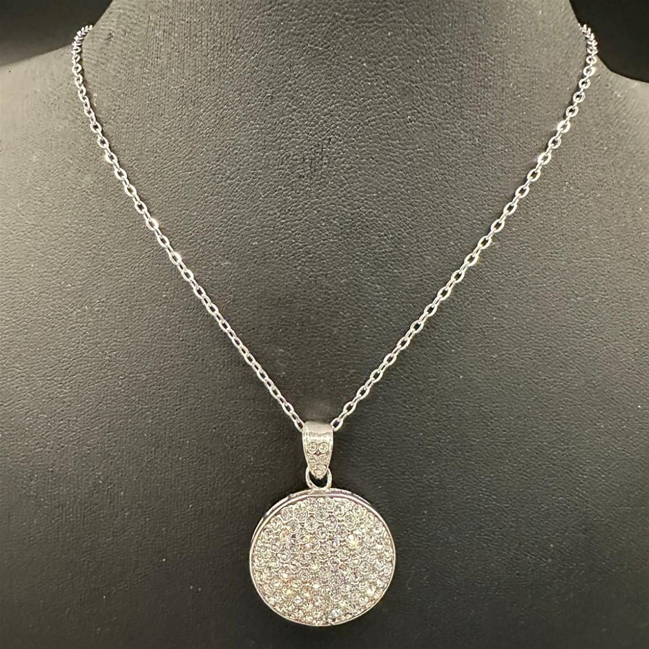 Designer Simulated Diamond Round Pendant Necklace in Silver