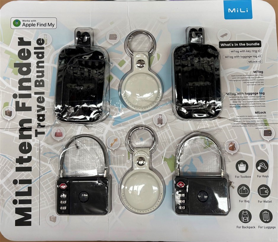 MILI Item Finder Travel Bundle, White/ Black. Incl: 2 x MiTag w/ Key Ring,