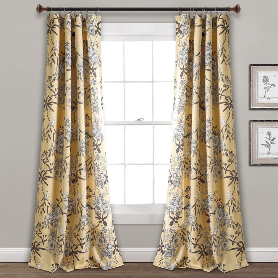 2 X LUSH DECOR Yellow Botanical Garden Curtains Floral Bird Print Room Dark