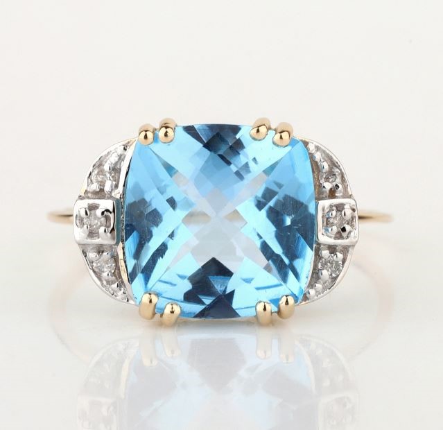 Yellow Gold Natural Swiss Blue Topaz & Diamond Ring with Valuation