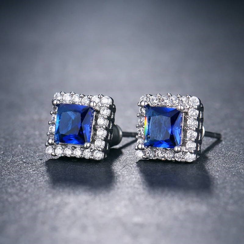 Designer Statement Simulated Diamond Blue Square Earrings