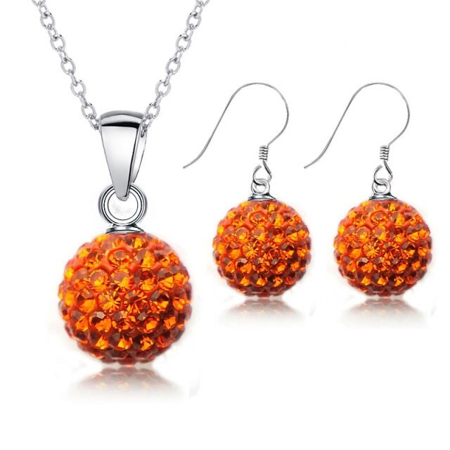 925 Sterling Silver Orange Crystal Disco Ball Earring & Necklace Set