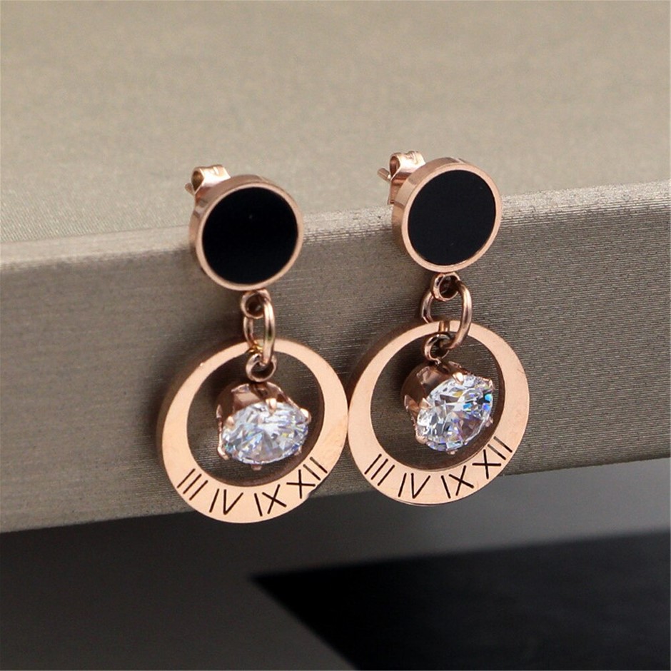 Stainless Steel Simulated Diamond Roman Numeral Drop Earrings - Rose
