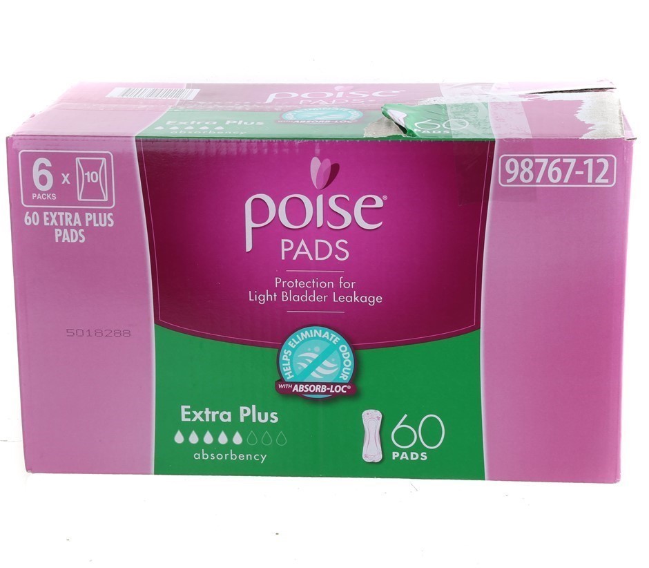 60pk POISE Extra Plus Pads. N.B. Damaged packaging & approx. 2 x single pac