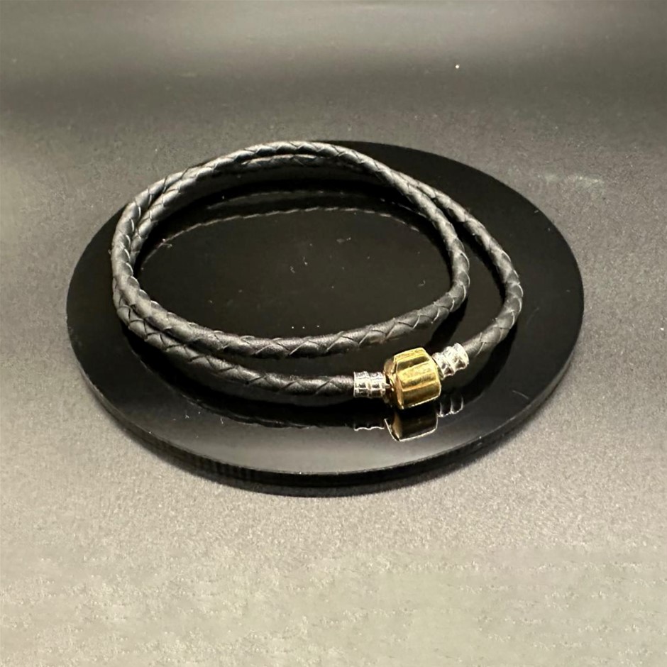Designer Double Crossover Gold Ball Chain Bracelet in Black Leather