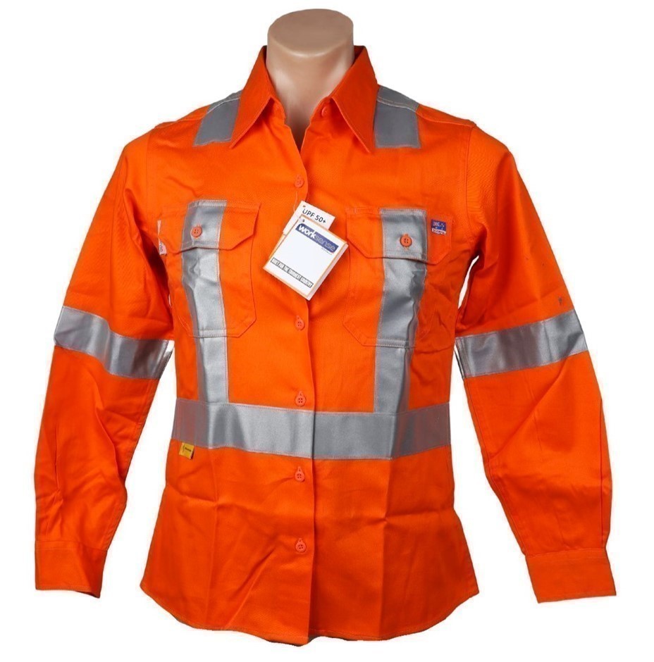 5 x WORKSENSE Ladies Open Front L/S Shirt, Size 12, Orange. Buyers Note -