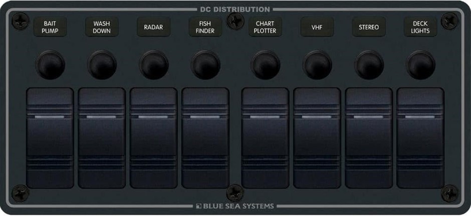 BLUE SEA 8 Position Circuit Breaker Panel, Black.