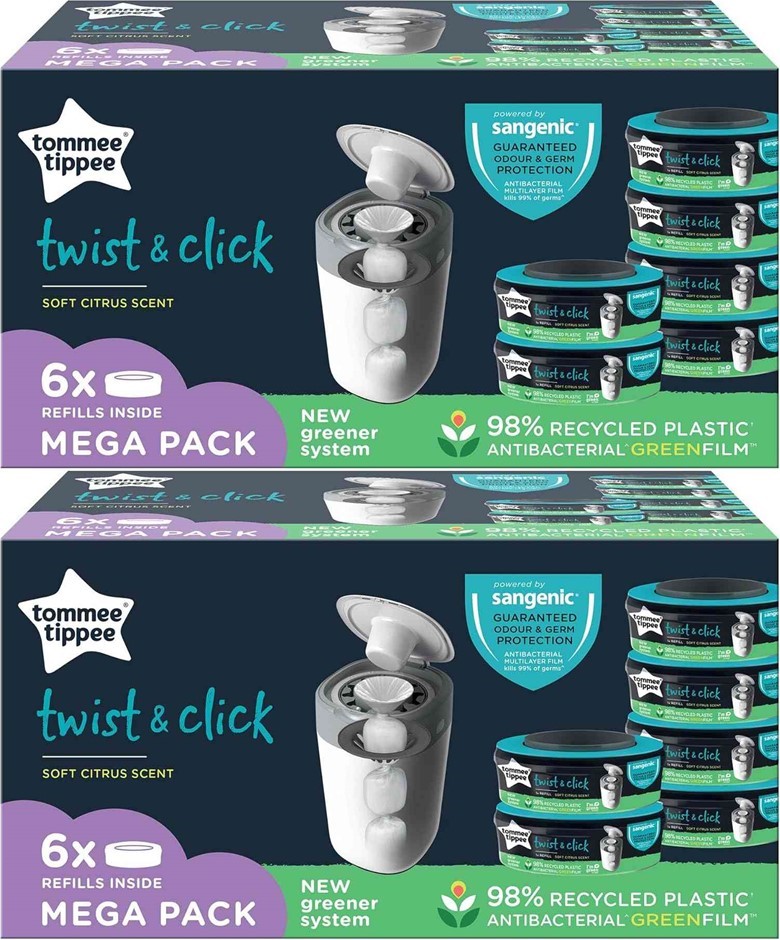 2 x TOMEE TIPEE 6pk Twist & Click Nappy Disposal Systems Refill Cassettes.