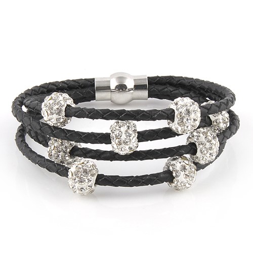 Leather Braided Black Bracelet with Crystal Balls & Catch