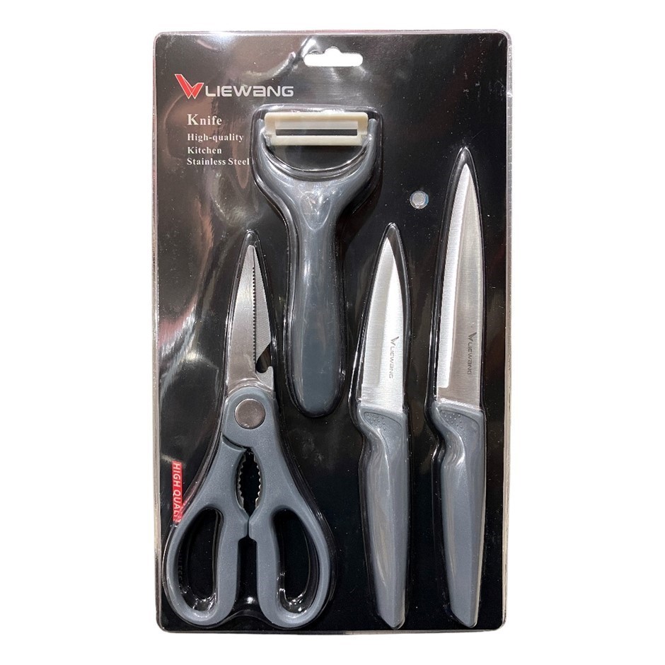 LIEWANG Kitchen Stainless Steel 4-Piece Set, Incl: 2x Knife, 1x Scissors &