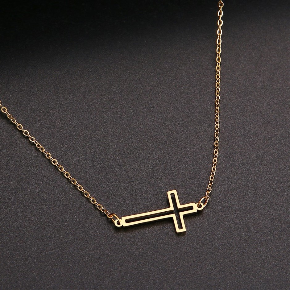 Designer Stainless Steel Sideway Holy Cross Pendant Necklace Chain -Yellow