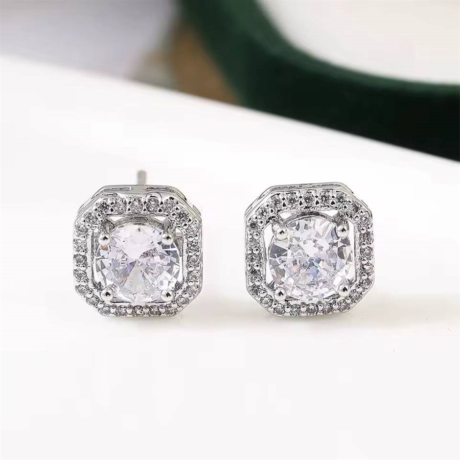 Designer Simulated Diamond Square Stud Earrings in Silver