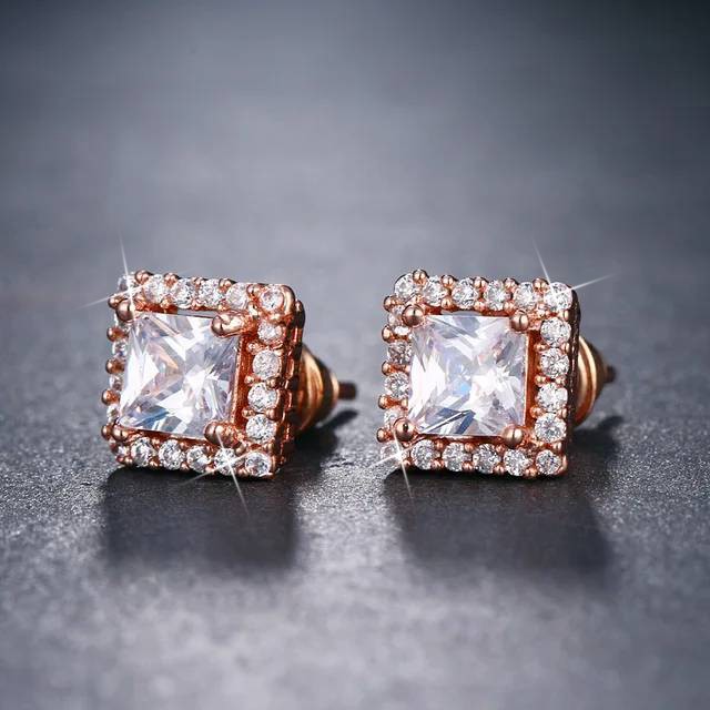 Designer Statement Simulated Diamond Square Earrings in Rose