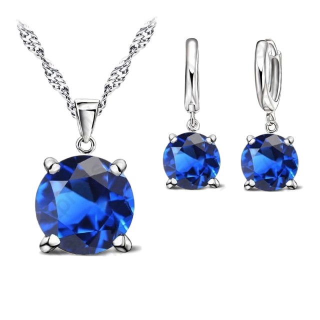 Blue Simulated Diamond Drop Earring & Necklace Set