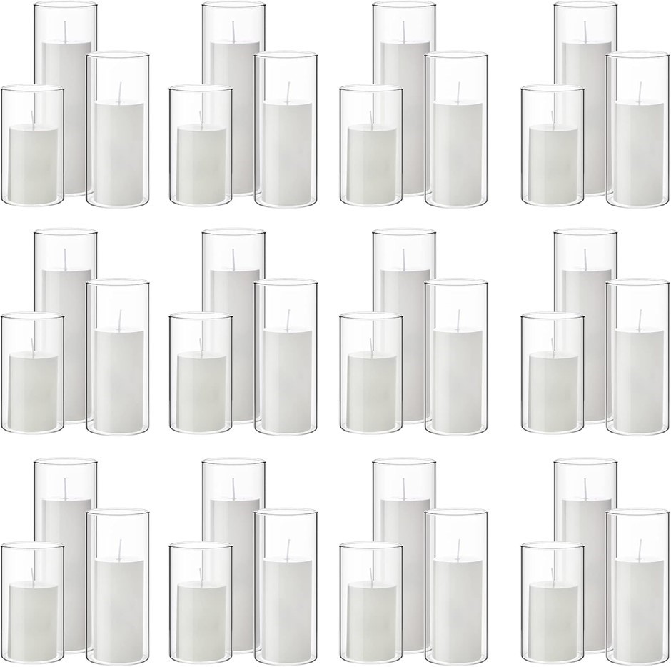 Set of 36 White Pillar Candles and 36 Glass Cylinder Candle Holders.