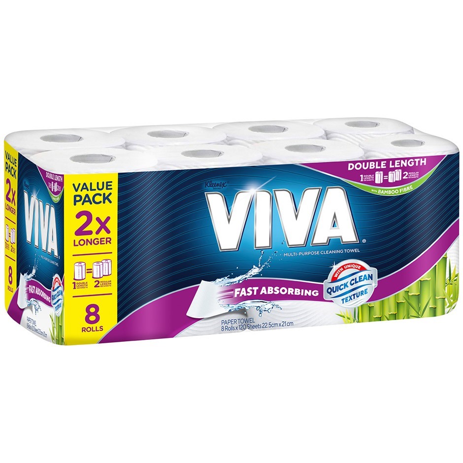 VIVA 8pk Paper Towels, 120 Sheets, 22.5cm x 21cm. NB: Damaged packaging.