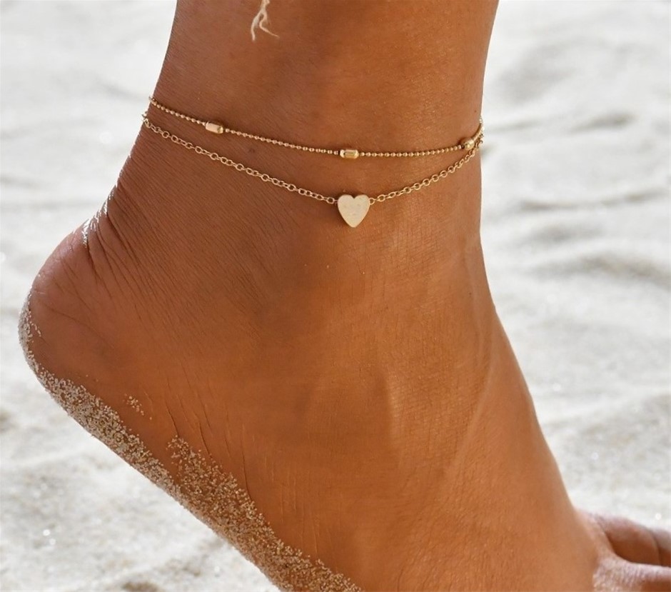 Cute Beaded Double Strand, Ball & Heart Anklet