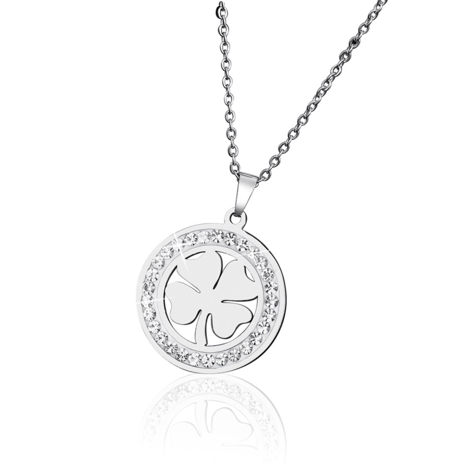 Stainless Steel Clover Necklace with Simulated Diamonds