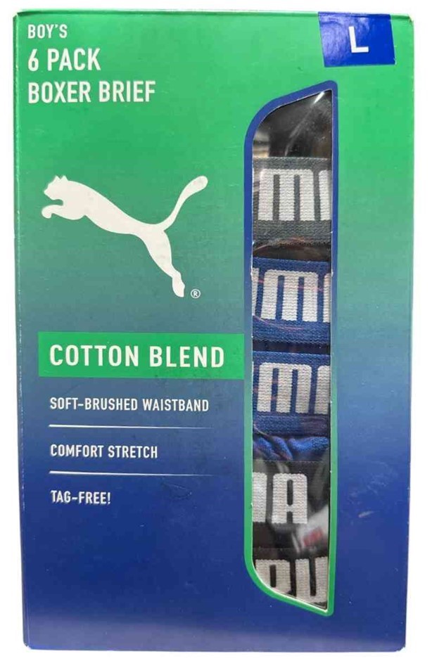 6 PACK PUMA Boy's Boxer Brief Cotten Blend, Size L, Assorted Colours
