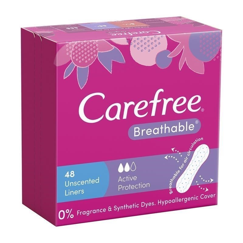3 x CAREFREE Breathable Unscented Liners, 48 Count. NB: Damaged packaging.