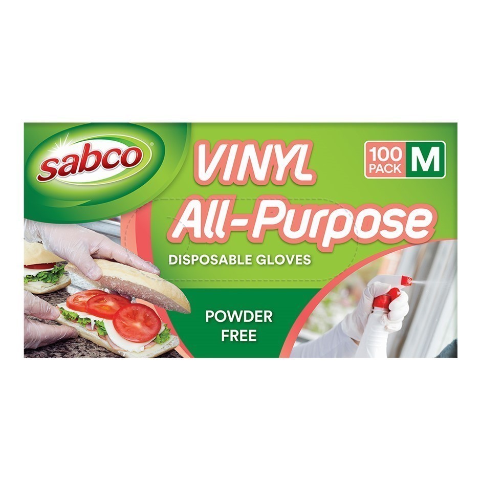 3 x Pack of 100pc SABCO Vinyl Disposable Gloves, Size M. N.B: Damaged packa